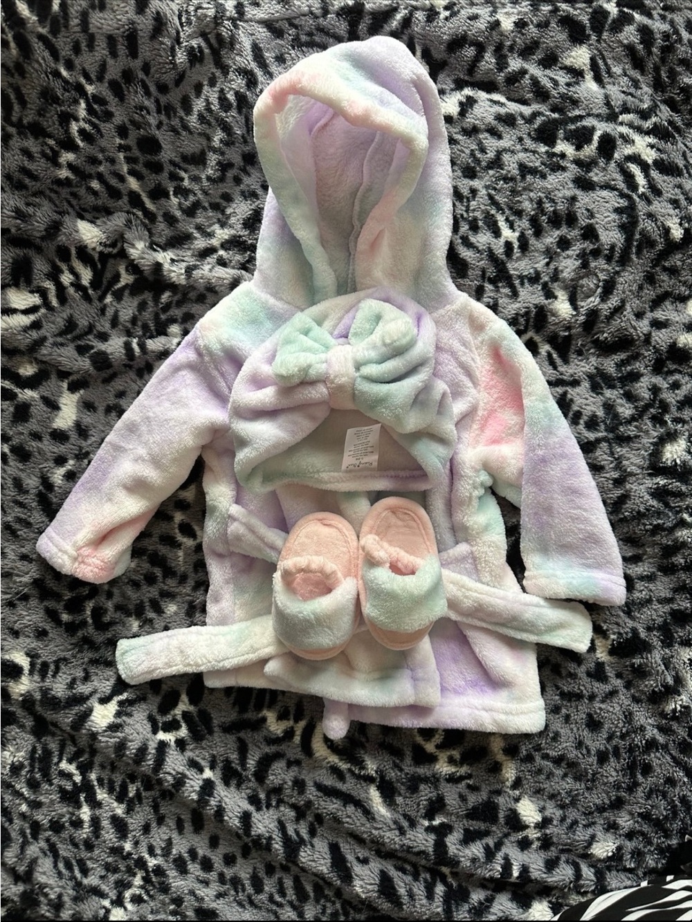 Pastel Tie-Dye Hooded Baby Bathrobe with Bow & Matching Slippers